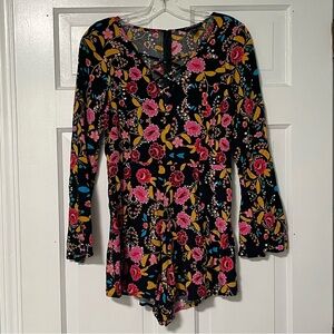 Express Vibrant Floral Long Sleeve Romper - Black, Pink, Yellow, Blue